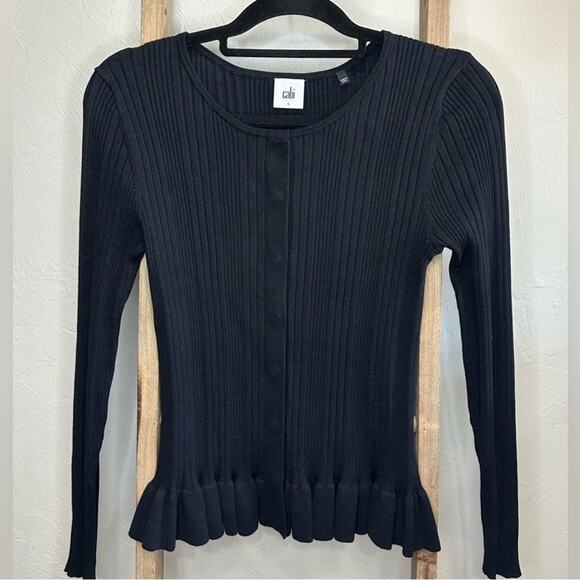 CABI Peplum Ruffle Party Ribbed Sweater Cardigan Black  Women’s Size L NWOT - Picture 2 of 11